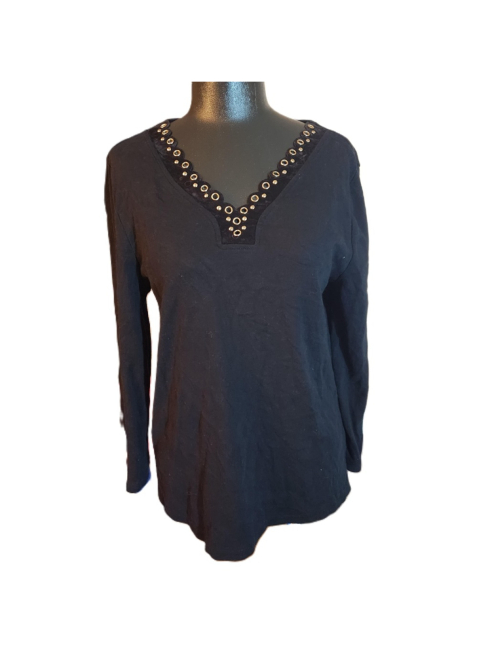 Rafaella Black V Neck Eyelet Long Sleeve Shirt Blouse Large